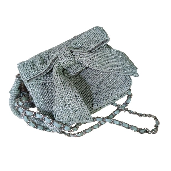 Anthropologie Handbags - Anthropologie Aquamarine Glass Beaded Bow‎ Detail Wristlet & Crossbody Strap